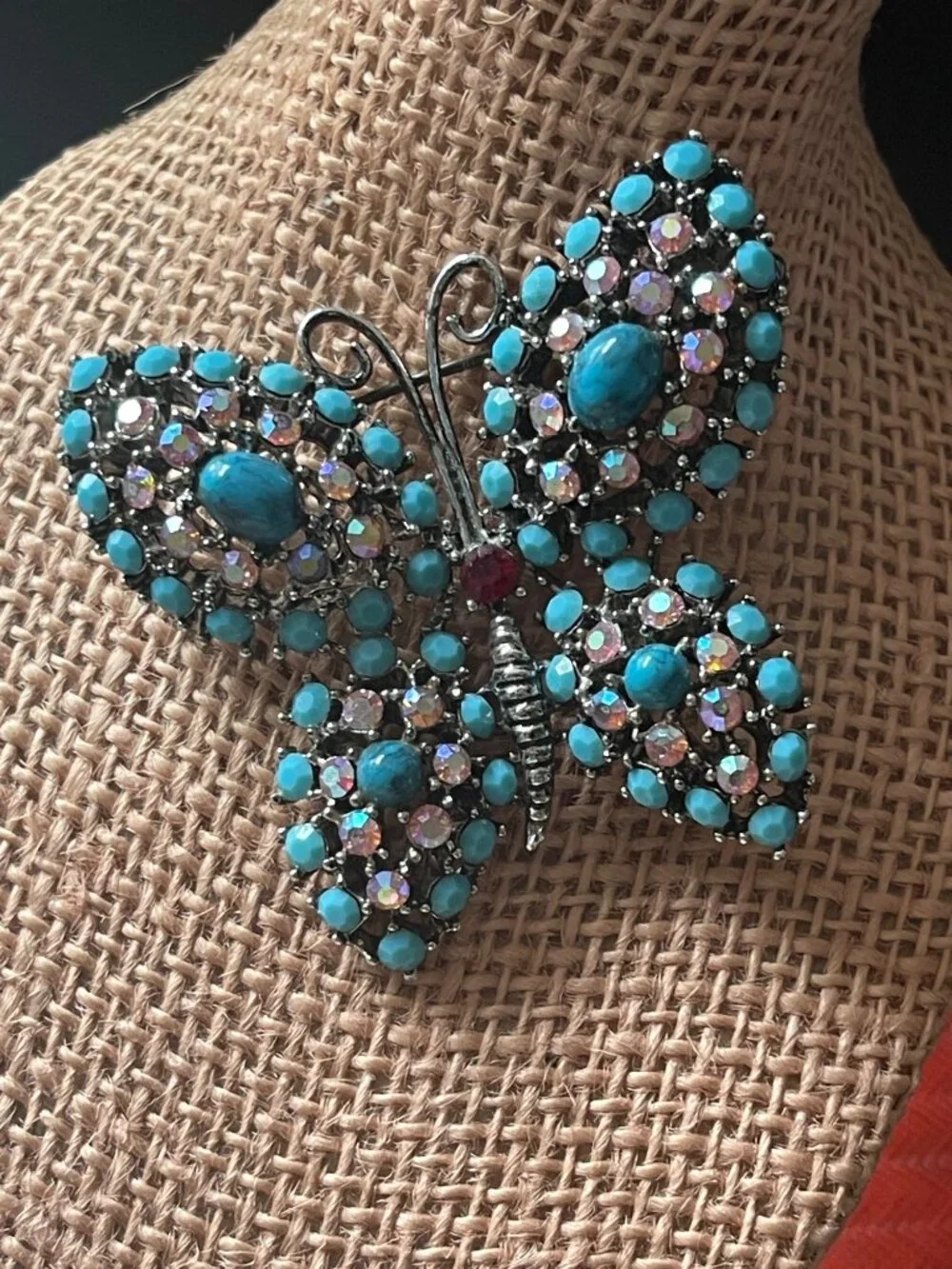 VTG Weiss Bejeweled Butterfly Brooch Turquoise Cabochons & Rhinestones 3.5